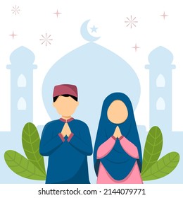 Ilustración vectorial de pareja musulmana con fondo de silueta de mezquita para Eid