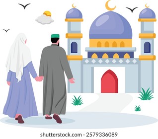 Muslim couple walking hand in hand towards mosque concept,   Husband Wife going for Prayer-Salat-ul-Eidayn vector icon Design, ramadan and Eid al-Fitr Banner, Muslim fasting month scene illustration 