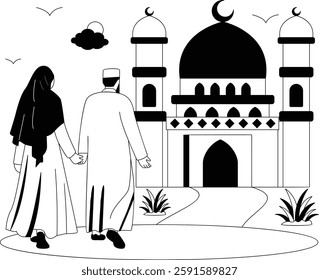 Muslim couple walking hand in hand towards mosque concept, Husband Wife going for Prayer-Salat-ul-Eidayn vector icon Design, Ramazan and Eid al-Fitr sign, Muslim fasting month scene illustration