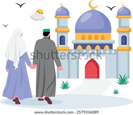 Muslim couple walking hand in hand towards mosque concept,   Husband Wife going for Prayer-Salat-ul-Eidayn vector icon Design, ramadan and Eid al-Fitr Banner, Muslim fasting month scene illustration 