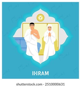 Una pareja musulmana vistiendo tela de ihram. Los posibles peregrinos del Hajj están listos para llevar a cabo el peregrinaje del Hajj. Concepto islámico del Hajj. Ilustración vectorial plana.