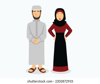 muslim couple wearing islamic outfit character illustration on white isolated background.
