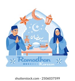 Muslim couple welcomes the month of Ramadan and Eid al-Fitr. Various foods are available on the dining table. Ramadan Kareem concept. Flat vector illustration.