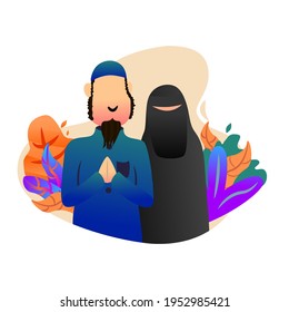Muslim couples beard man with niqab woman give pray hand and smiling for ramadan mubarak kareem