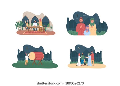 Muslim culture 2D vector web banner, poster set. Ramadan kareem. Indian people flat characters on cartoon background. Arabian religious traditions printable patch, colorful web element collection