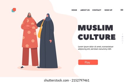 Muslim Culture Landing Page Template. Saudi or Emirates Girls, Arabic Women Wear Traditional Dress. Arabian Female Characters Dressed in National Costume and Hijab. Cartoon People Vector Illustration