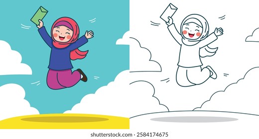 a Muslim cute girl jumping while holding a white envelope for Ramadan element design or coloring book element