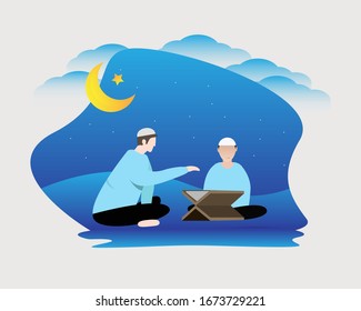 Muslim design illustrations reading the Quran