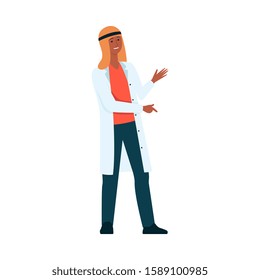 Muslim doctor with hospital uniform and Arab headwear, friendly male cartoon character as medical health care professional - isolated hand drawn vector illustration on white background