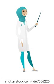 Muslim doctor in medical gown holding pointer stick. Full length of young doctor with pointer stick. Doctor pointing with a pointer stick. Vector cartoon illustration isolated on white background.