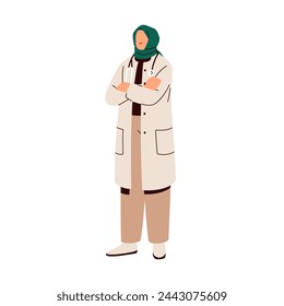 Muslim doctor, physician. Arab woman, medic in hospital coat and hijab, headscarf. General practitioner standing. Medical health care worker. Flat vector illustration isolated on white background