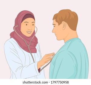 Muslim doctor woman attending a patient