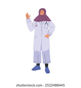 Muslim Doctor Woman Character in Hijab Working in Hospital Show Ok Gesture Vector Illustration