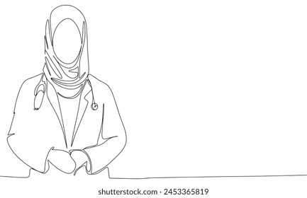 Mujer de Doctor Musulmán una línea continua. Doctora árabe de arte lineal. Arte vectorial dibujado a mano.