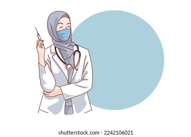 Muslim Doctors Medical personnel in white coats wearing masks on a white background Health service. Flat vector illustration.