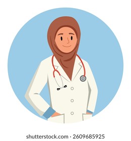 Muslim Doctors Medical personnel in white coats. Flat vector illustration on blue background. 