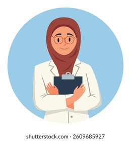 Muslim Doctors Medical personnel in white coats. Flat vector illustration on blue background. 