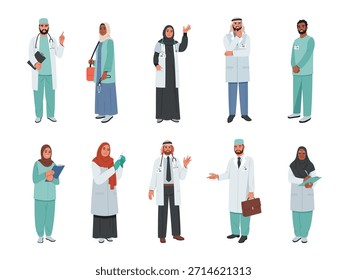 Médicos muçulmanos. Equipe médica de pessoas do Oriente Médio, enfermeiros islâmicos personagens com cocares tradicionais, hijab ou keffiyeh, consulta e saúde vetor tidy desenho animado estilo plano conjunto isolado