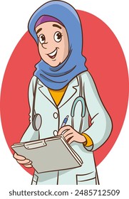 Muslim Doctors in white coats, medical staff on a white background Health care.elderly patient and muslim doctor. Flat vector illustration.