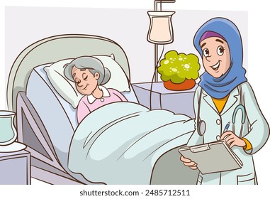 Muslim Doctors in white coats, medical staff on a white background Health care.elderly patient and muslim doctor. Flat vector illustration.