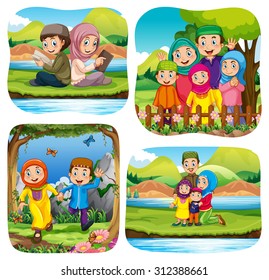 Muslim doing activities in the park illustration