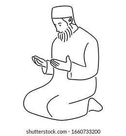 Muslim Doing Salah, Salat, Shalat, Sholaat. Line Art Vector Illustration