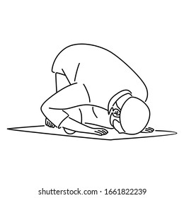 Muslim Doing Salah, Salat, Shalat, Sholaat. Line Art Vector Illustration