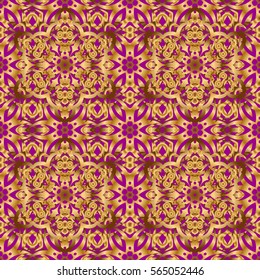 Muslim, East ornament, Indian ornament, Persian motif. Islamic oriental seamless pattern. Abstract golden grids ornament on purple background. Can be used for wallpaper, banner, wrapping, wedding card