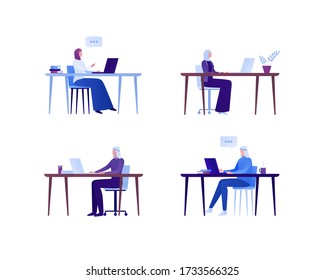 Muslim education in college and office business employee concept. Vector flat person illustration set. Group of sitting people at desk with laptop. Man and womale in hijab. Design for infographic.