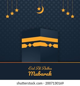 Muslim Eid Al Adha Festival Post Design With Cresent Moon, Qaba, Stars, Eid Mubarak Greetings