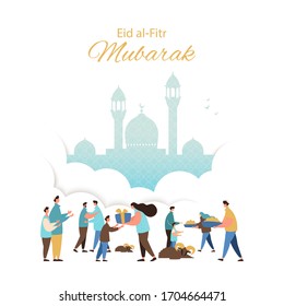 Muslim Eid Fitr celebrating greeting card. People feast of breaking the fast.Happy muslim community give gifts, charity and congratulate each other.