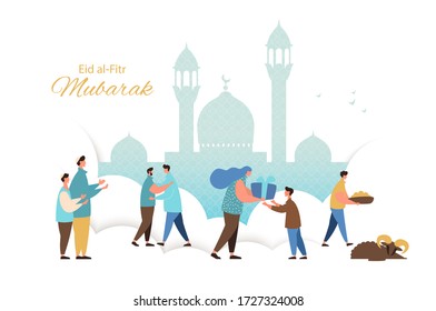 Muslim Eid Fitr celebrating greeting card. People feast of breaking the fast.Happy muslim community give gifts, charity and congratulate each other.