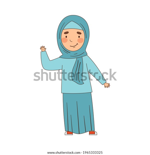 Muslim Emoji Girl Waving Hand Friendly Stock Vector (Royalty Free ...