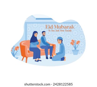 Muslim families carry out the sunken tradition during Eid al Fitr. The boy apologizes to his parents. Happy Eid Mubarak concept. flat vector modern illustration 