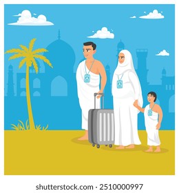 Las familias musulmanas llevan ropa de ihram mientras cargan maletas. Los musulmanes realizan el peregrinaje Hajj o Umrah. Concepto de peregrinación islámica Hajj. Ilustración vectorial plana.