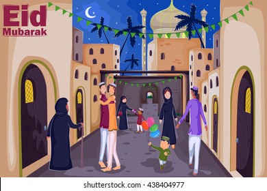 Muslim families wishing Eid Mubarak,Happy Eid in vector