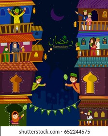 Muslim families wishing Eid Mubarak,Happy Eid on Ramadan in vector