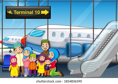 Muslim family at the airport illustration