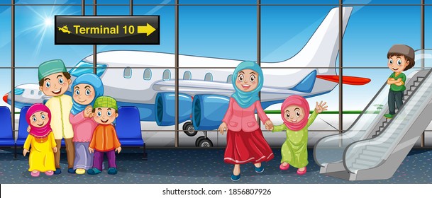 Muslim family at the airport illustration
