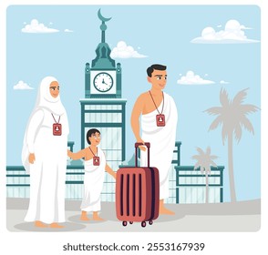 Una familia musulmana llega a La Meca para realizar el Hayy. Vestir atuendo tradicional de Ihram cerca de la famosa torre del reloj. Concepto de peregrinación islámica Hajj. Ilustración vectorial plana.