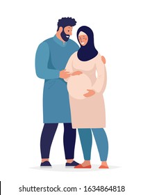 Muslim family awaiting the birth of a child. A pregnant woman in a hijab, a man in traditional dress hugs and takes care of his wife. Flat cartoon vector illustration