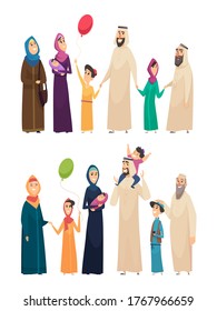 Muslim family. Big arabic happy family saudi people father mother boys girls elders vector characters