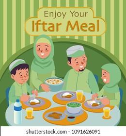 Muslim Family blessing Ramadan Kareem. Enjoy your Iftar Meal. The evening meal eaten by muslims after the sun has gone down during Ramadan.  