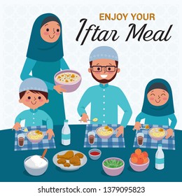 Muslim Family blessing Ramadan Kareem. Enjoy your Iftar Meal. The evening meal eaten by muslims after the sun has gone down during Ramadan. - Vector 