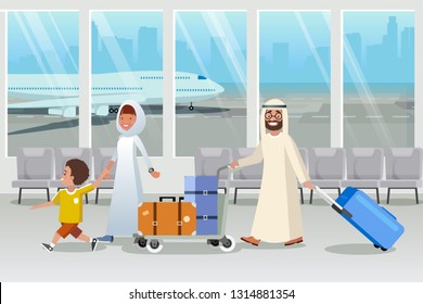 Muslim Family Boarding to plane in Airport Cartoon Vector Happy Parents in Arabian Ethnic Clothing Carrying Baggage Trolley, Walking with Child in Airport Terminal Illustration. Saudi Tourists Flight