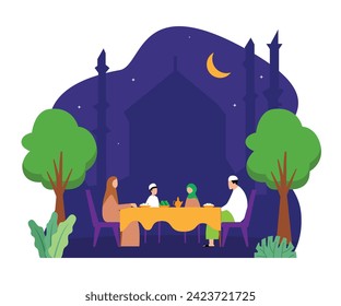 Muslim family break fasting in a holy month with mosque background flat 2d vector illustration