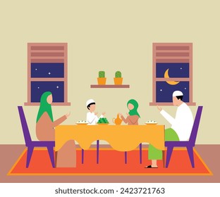 Muslim family break fasting in a holy month at home flat 2d vector illustration