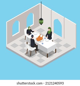 Muslim family break fasting together 3D isometric vector concept for banner, website, illustration, landing page, flyer, etc