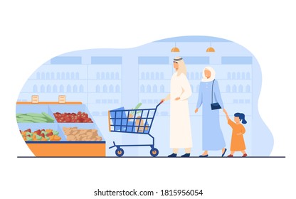 Muslim family buying food in supermarket. Arab cartoon characters wheeling shopping cart in grocery store. Vector illustration for retail, lifestyle, Arab people concept