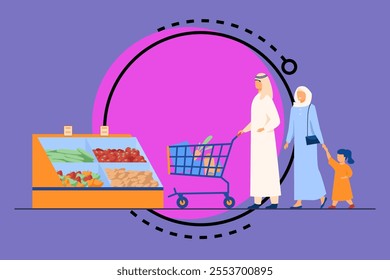 Muslim family buying food in supermarket. Arab cartoon characters wheeling shopping cart in grocery store. Vector illustration for retail, lifestyle, Arab people concept